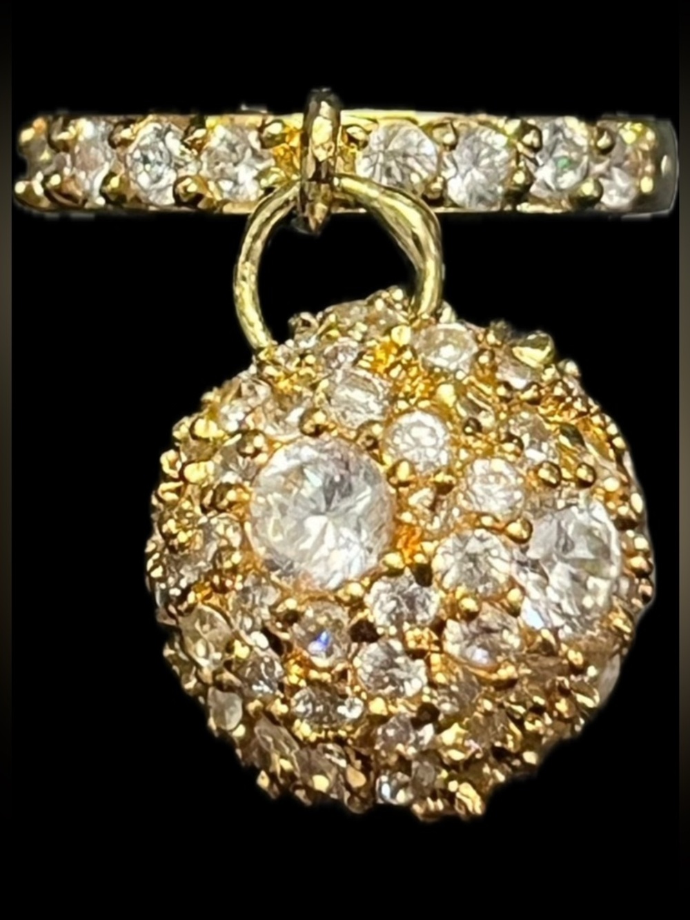 Diamonique Micro Pave Set CZ Dangle Disco Ball cocktail statement ring Gold QVC